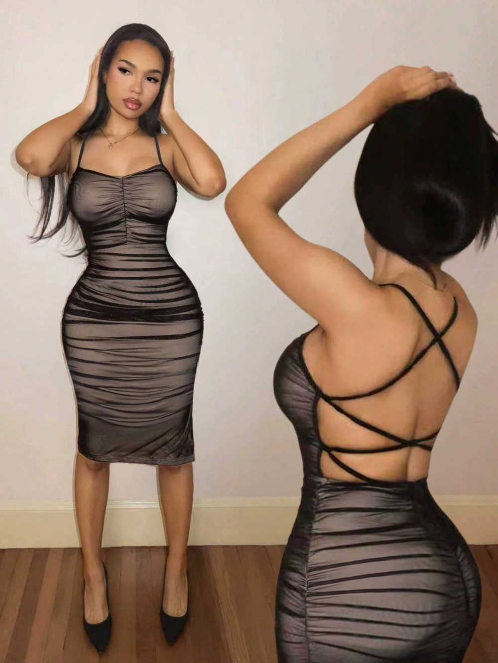 ZARA Summer Sexy Strappy Deep V Backless Bodycon Midi Dress Women